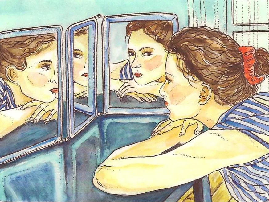 Психологические причины откладывания материнства: женщина в раздумьях перед зеркалом Иллюстрация к статье о психологических причинах откладывания беременности и материнства. Женщина смотрит на своё отражение, символизирующее внутренний конфликт, сомнения и поиск решения.